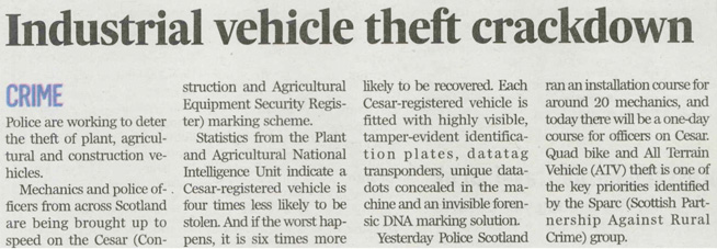 PRESS & JOURNAL (HIGHLANDS & ISLANDS) NEWS ARTICLE ON INDUSTRIAL VEHICLE THEFT CRACKDOWN