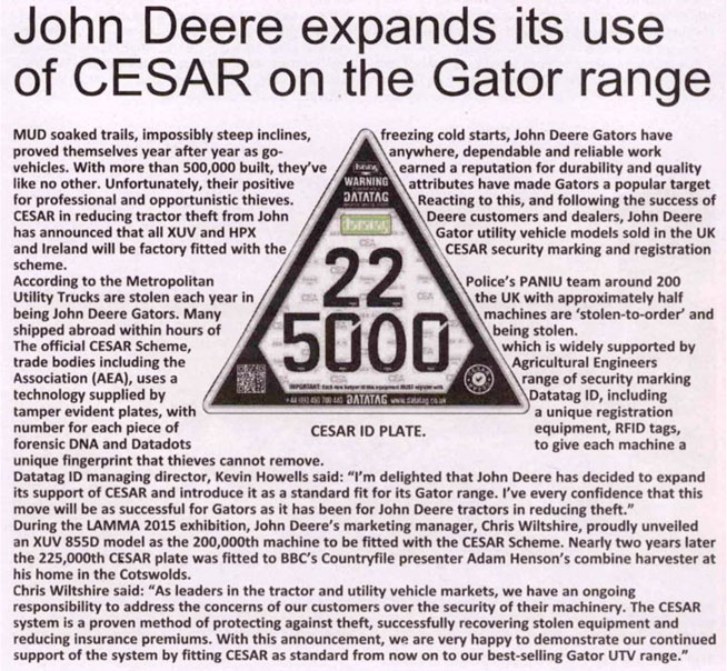 WELSH FARMER NEWS FEATURE - JOHN DEER EXPANDS ITS USE OF CESAR ON THE GATOR RANGE