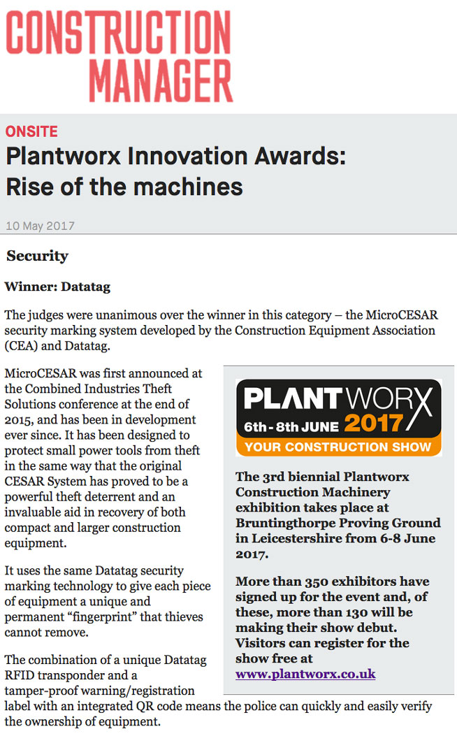 FEATURE ARTICLE CONSTRUCTION MANAGER - PLANTWORX INNOVATION AWARDS: RISE OF THE MACHINES